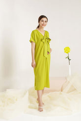 V-Neck Silk Dress with Statement Bow Tie